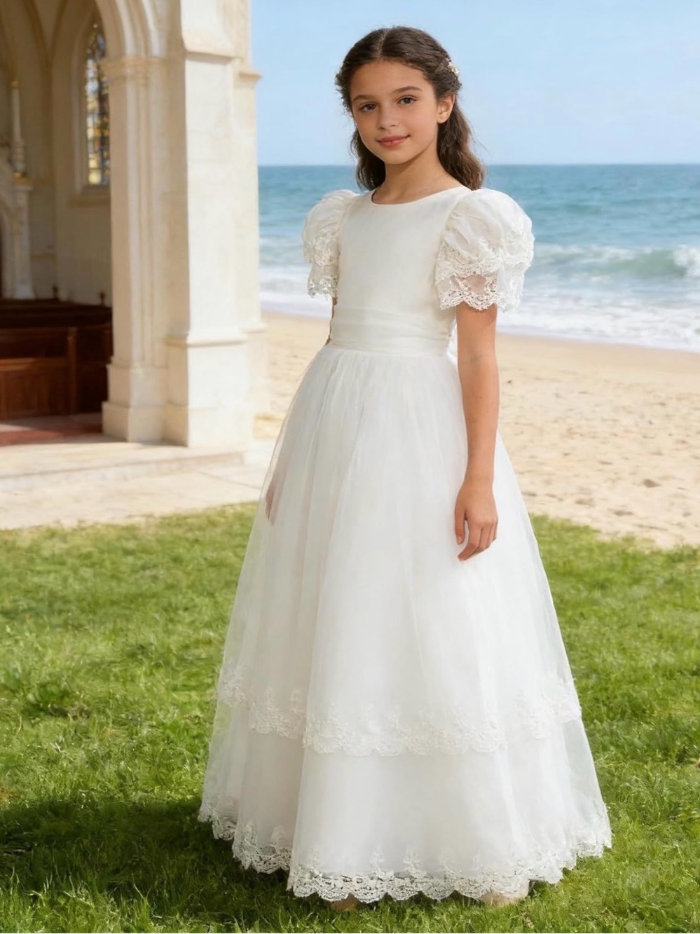 Classic White Lace Communion Dress for Girls